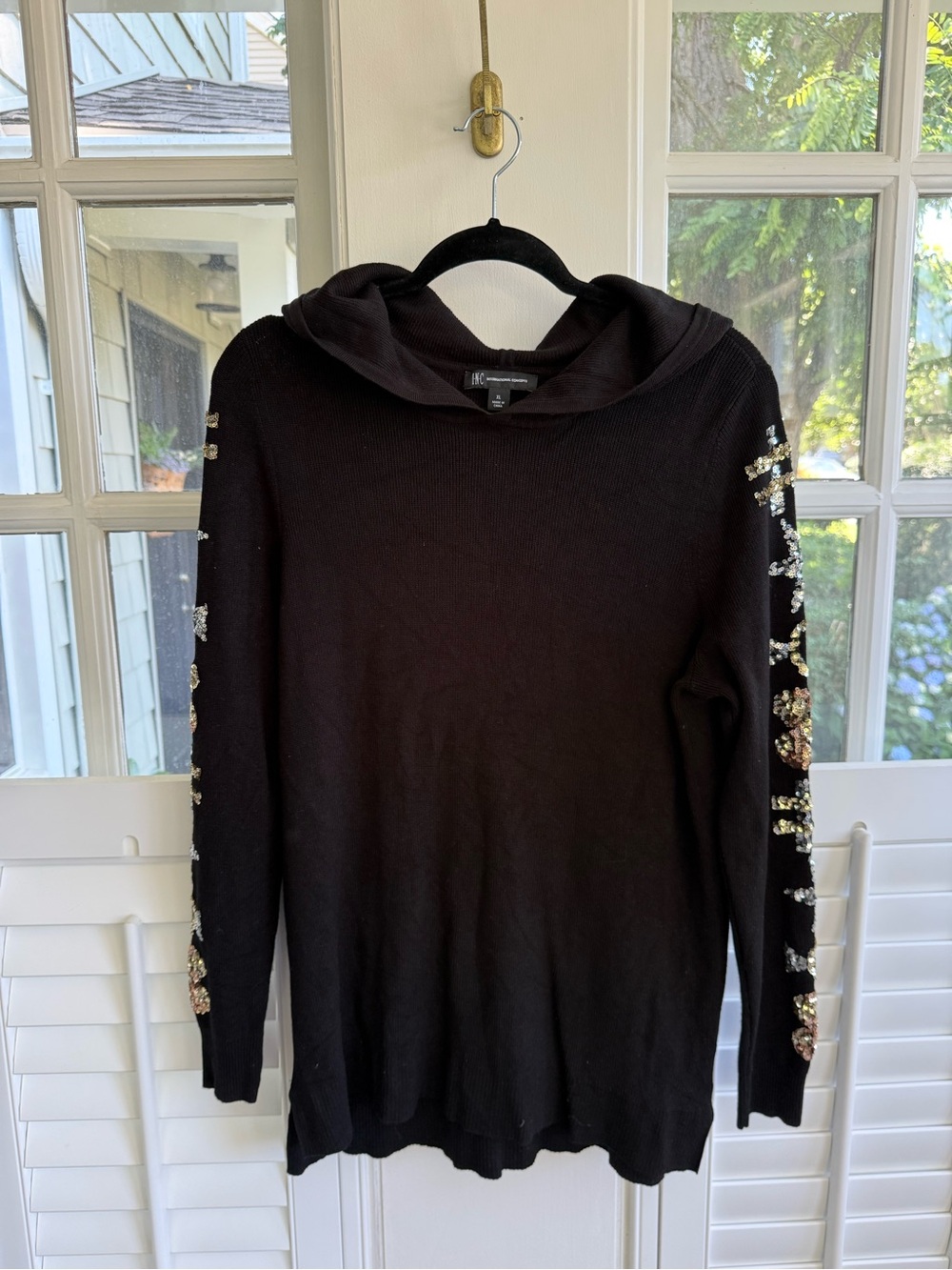 INC International Concepts Black Hooded Sweater with Sequin Sleeve Accents XL